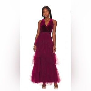 Cabernet colored velvet ruffle gown. Size XL BCBGMAXAZRIA.